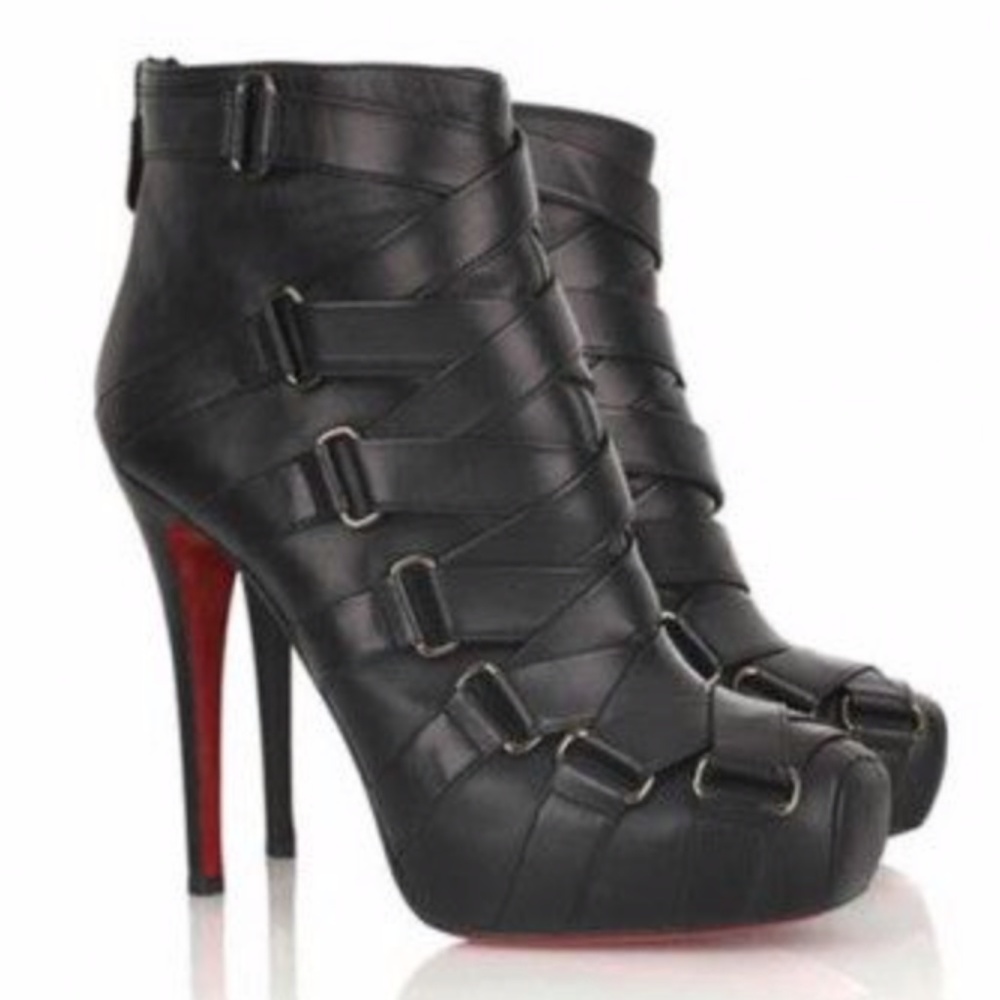 Christian Louboutin Black Leather Strappy Platform Ankle Boots with Red Sole